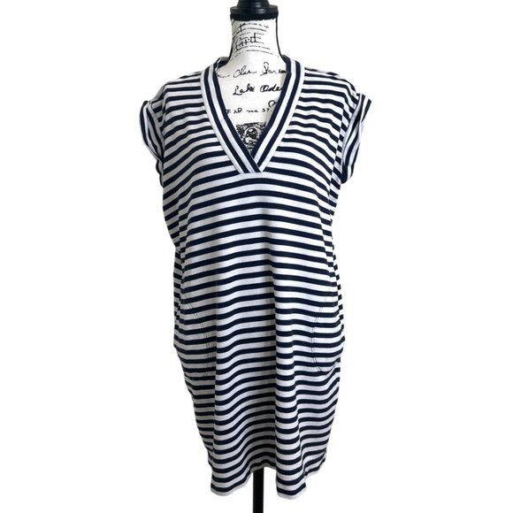 ATM Women's Stripped Dress Pima Cotton Cover-Up Pockets White Blue Size M - Picture 1 of 9